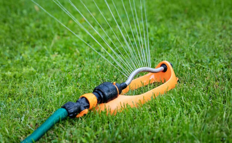 sprinkler in yard watering lawn