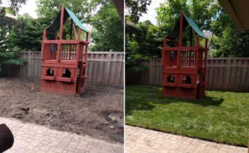 before and after lawn service left image showing bare soil and play house, right image with green lawn after sod application